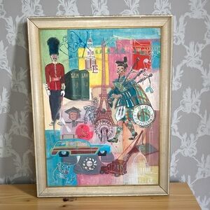 Original 1960’s art, various iconic global symbols, pop art style, travel theme